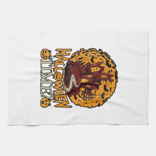 Halloween Time Haunted House Full Moon Pumpkins Tea Towel