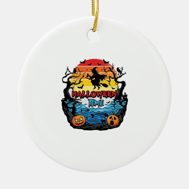 Halloween Time Witch Pumpkins Bats Sunset_1 Ceramic Ornament (Front)