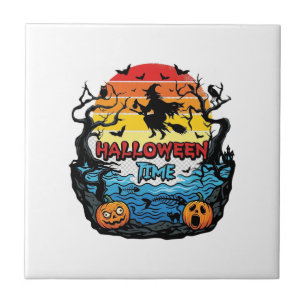 Halloween Time Witch Pumpkins Bats Sunset_1 Ceramic Tile