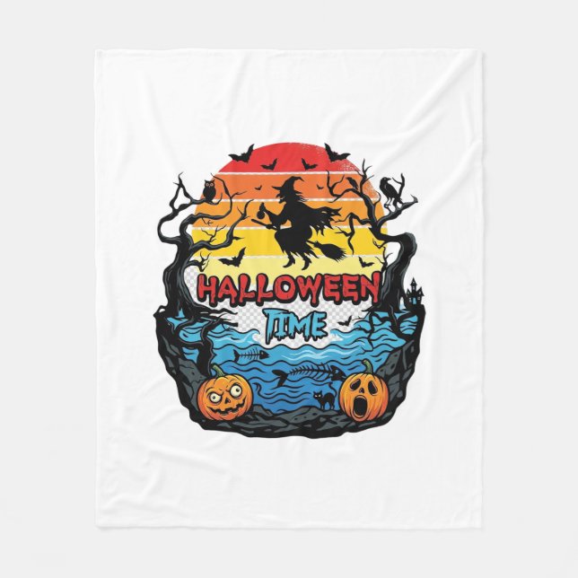 Halloween Time Witch Pumpkins Bats Sunset_1 Fleece Blanket (Front)