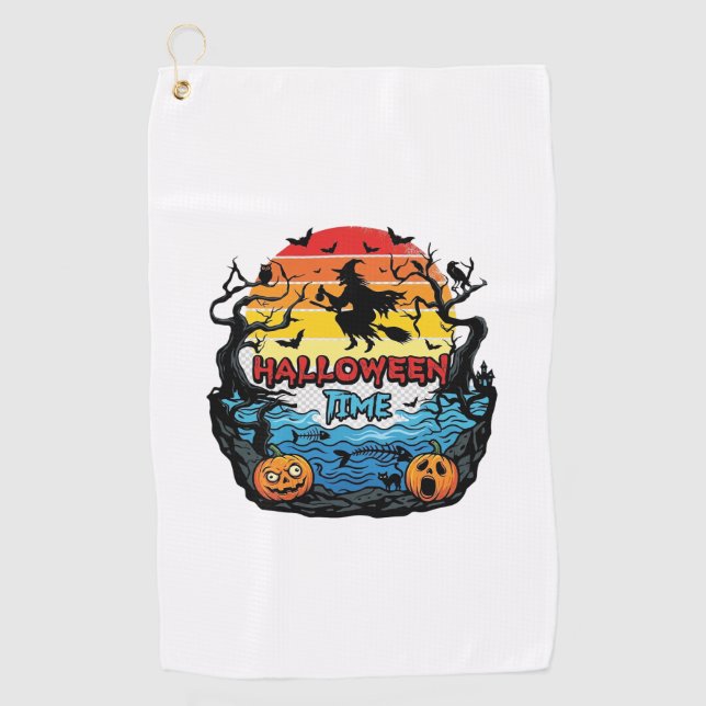 Halloween Time Witch Pumpkins Bats Sunset_1 Golf Towel (Front)