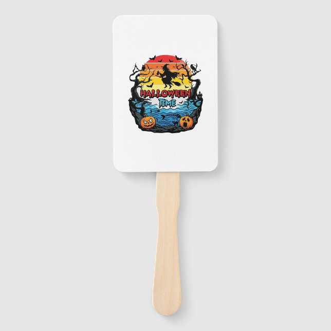 Halloween Time Witch Pumpkins Bats Sunset_1 Hand Fan (Front)