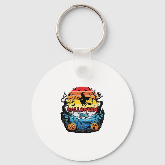 Halloween Time Witch Pumpkins Bats Sunset_1 Key Ring (Front)