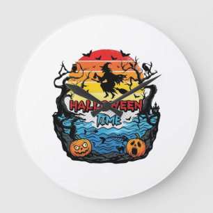 Halloween Time Witch Pumpkins Bats Sunset_1 Large Clock