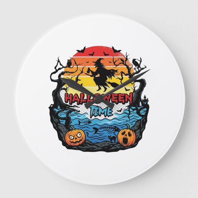 Halloween Time Witch Pumpkins Bats Sunset_1 Large Clock (Front)