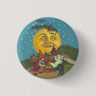 Halloween time, witchcraft at big fat yellow moon 3 cm round badge