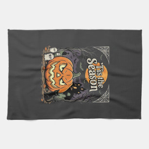 Halloween Tis the Season Pumpkin Cat Design_1 Tea Towel