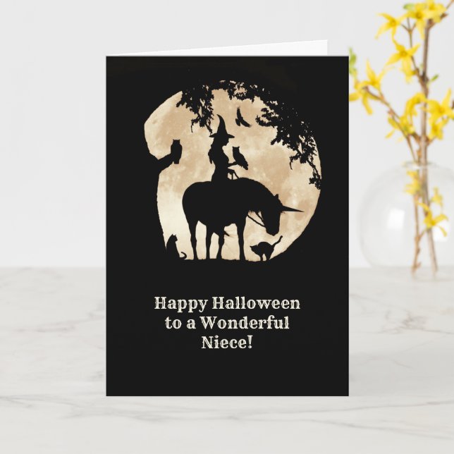 Halloween to Niece with Witch and Familiars  Card (Yellow Flower)