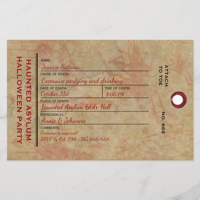Halloween Toe Tag Haunted Asylum Party Stationery (Front)