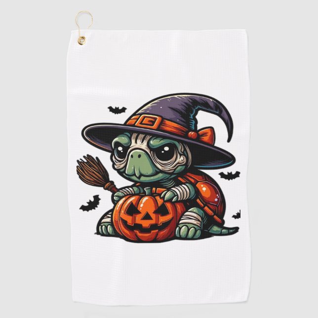 Halloween Tortoise Turtle Witch Hat Costume Spooky Golf Towel (Front)