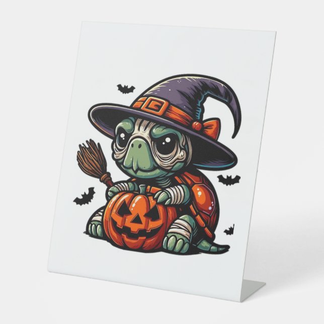 Halloween Tortoise Turtle Witch Hat Costume Spooky Pedestal Sign (Front)