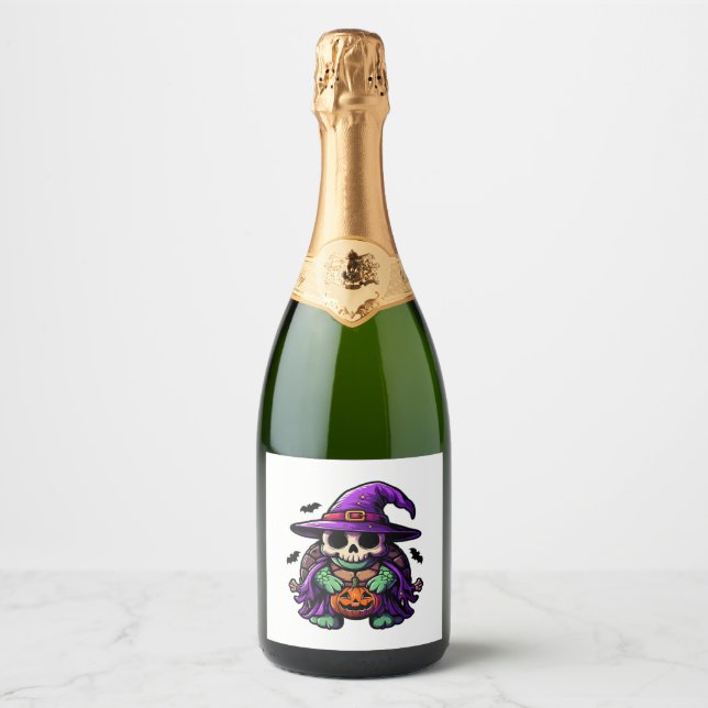 Halloween Tortoise Turtle Witch Hat Costume Spooky Sparkling Wine Label (Front)