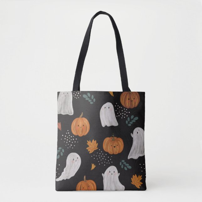 Halloween Tote Bag –Ghosts, Pumpkins & Fall Leaves (Front)