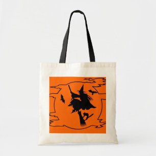 Halloween tote bag with witch on broom design