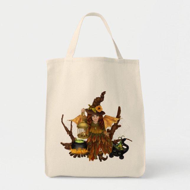 "Halloween Tote Bag with Woodland Fairy" (Front)