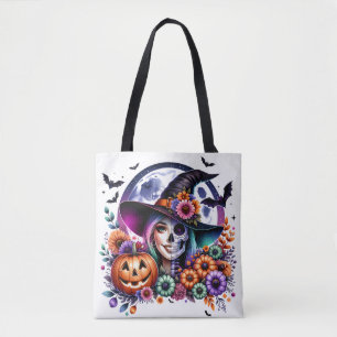 Halloween Tote with Witch and Skeleton Bag