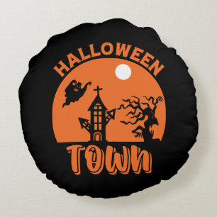 Halloween Town – Haunted House & Pumpkin Round Cushion