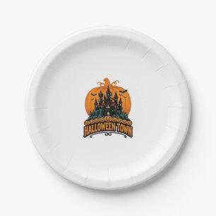 Halloween Town Vintage Haunted Castle Pumpkin Desi Paper Plate