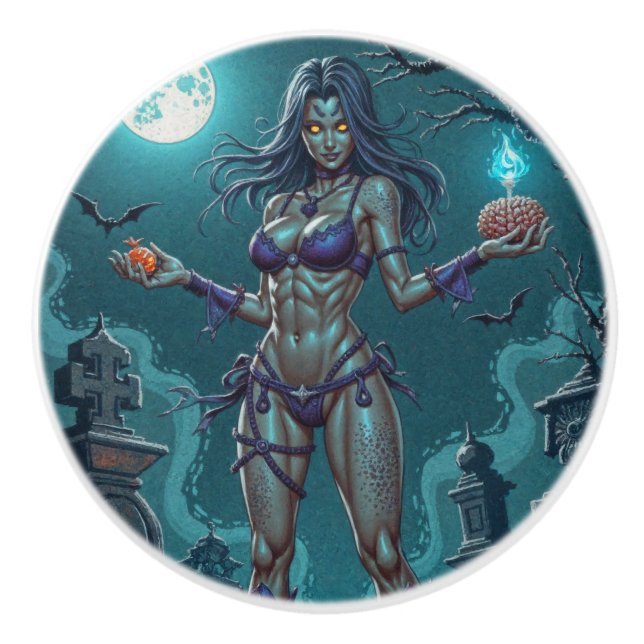 Halloween Treat or Zombie Girlfriend w Brains Ceramic Knob (Front)