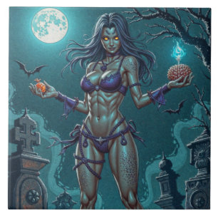 Halloween Treat or Zombie Girlfriend w Brains Ceramic Tile