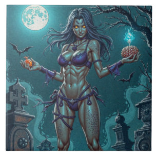 Halloween Treat or Zombie Girlfriend w Brains Ceramic Tile