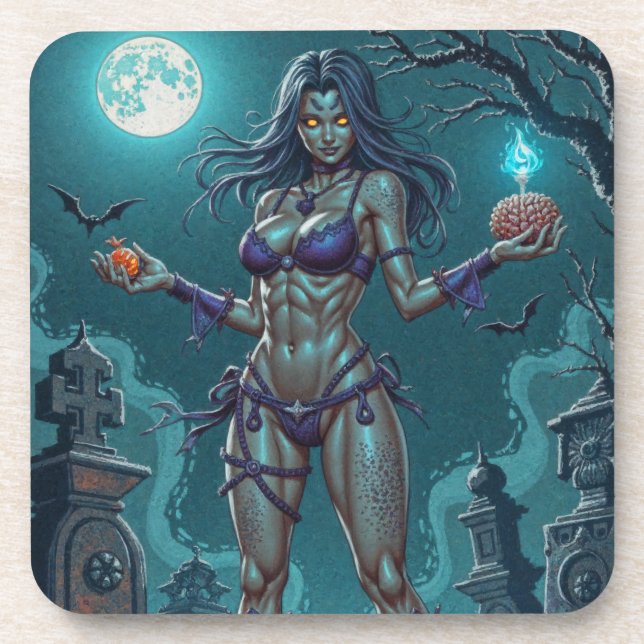 Halloween Treat or Zombie Girlfriend w Brains Coaster (Front)