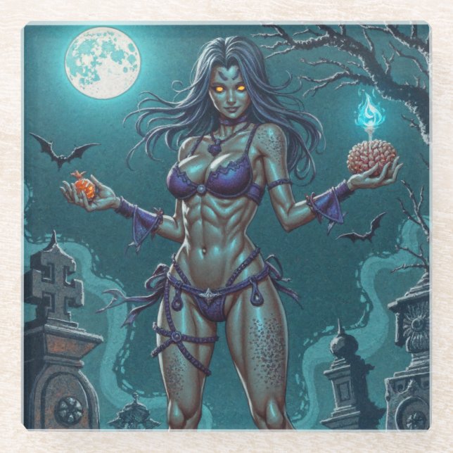 Halloween Treat or Zombie Girlfriend w Brains Glass Coaster (Front)