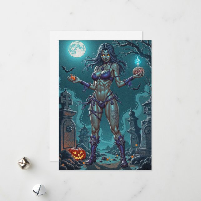 Halloween Treat or Zombie Girlfriend w Brains Holiday Card (Front/Back In Situ)