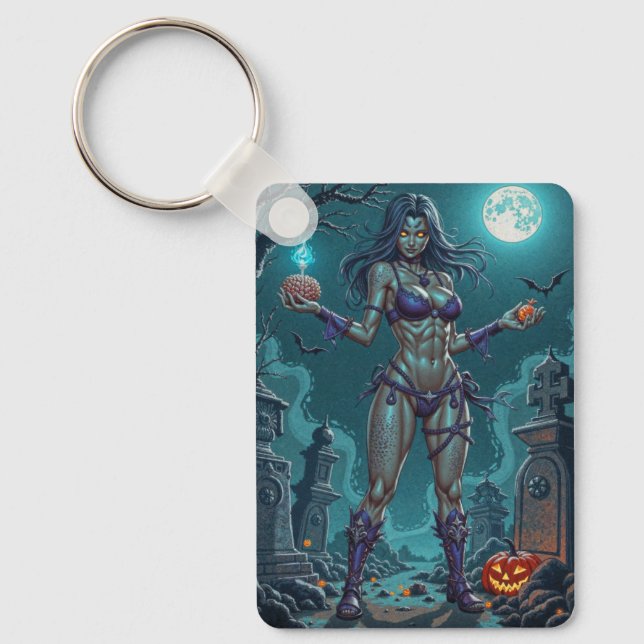Halloween Treat or Zombie Girlfriend w Brains Key Ring (Front)