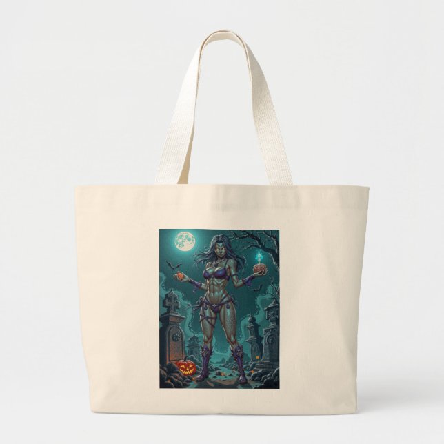 Halloween Treat or Zombie Girlfriend w Brains Large Tote Bag (Front)