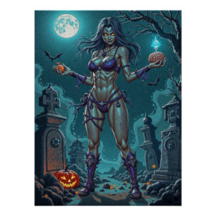 Halloween Treat or Zombie Girlfriend w Brains Poster