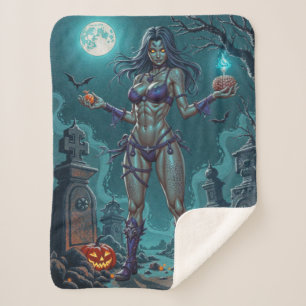 Halloween Treat or Zombie Girlfriend w Brains Sherpa Blanket