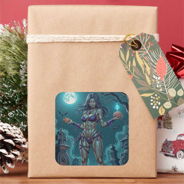 Halloween Treat or Zombie Girlfriend w Brains Square Sticker (Holiday)