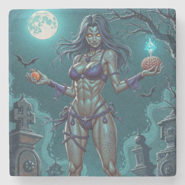 Halloween Treat or Zombie Girlfriend w Brains Stone Coaster (Front)