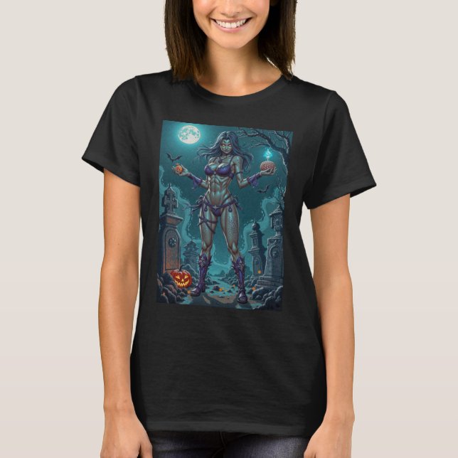 Halloween Treat or Zombie Girlfriend w Brains T-Shirt (Front)