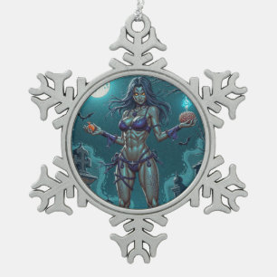 Halloween Treat: Zombie Girlfriend or Candy Snowflake Pewter Christmas Ornament
