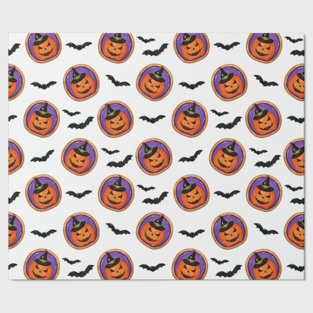 Halloween Treats Jack-O-Lantern Cookie & Bats Wrapping Paper (Seam)
