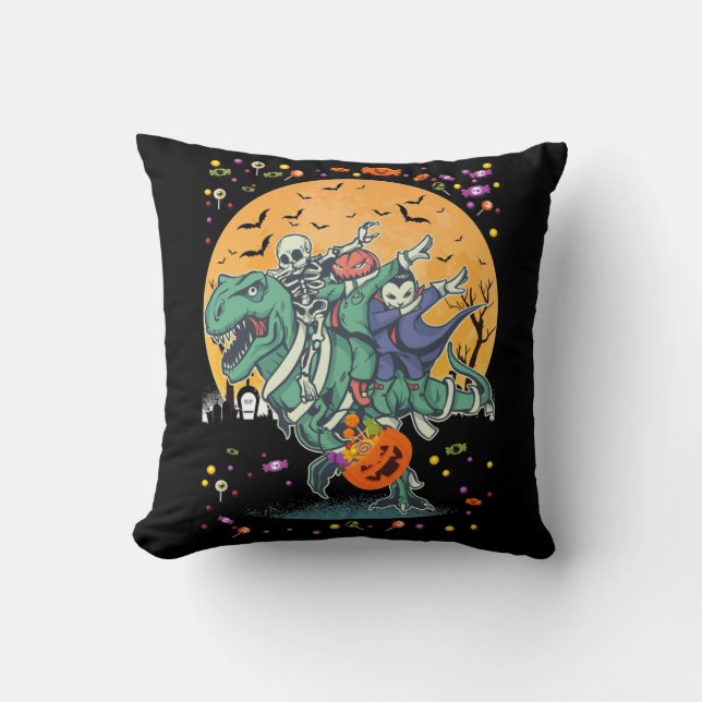 Halloween Trex Dabbing Skeleton Pumpkin Dinosaur Cushion (Front)