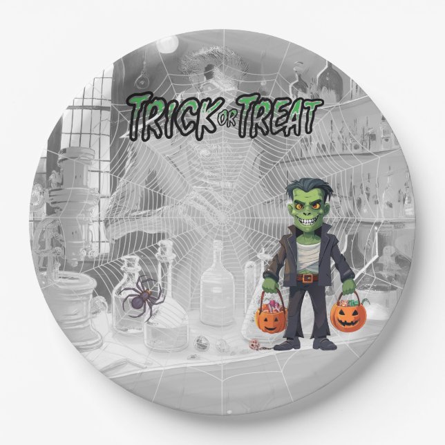 Halloween Trick of Treat Frankenstein Paper Plate (Front)