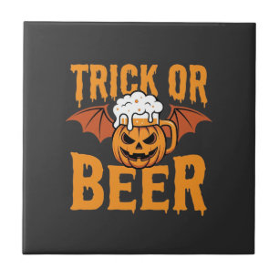 Halloween Trick or Beer Pumpkin Bat Graphic Ceramic Tile