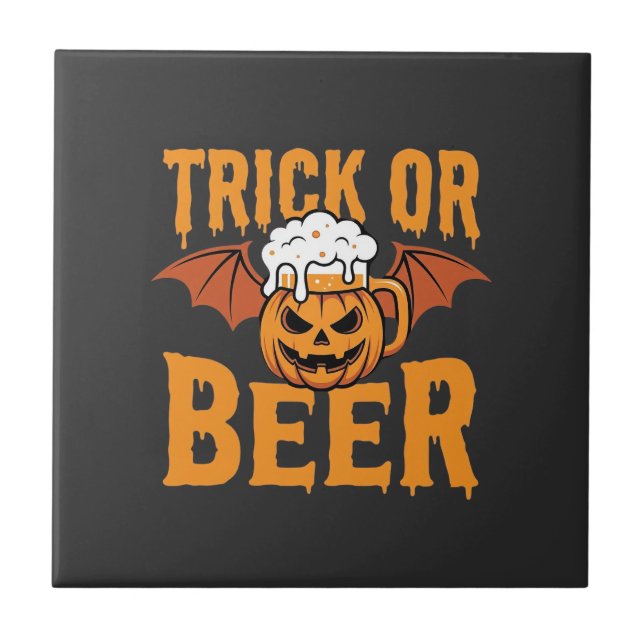 Halloween Trick or Beer Pumpkin Bat Graphic Ceramic Tile (Front)