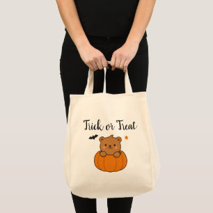 Halloween Trick or Treat Bear in Pumpkin Tote Bag
