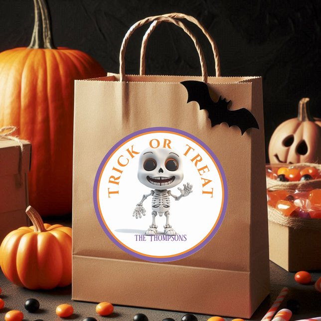  Halloween Trick or Treat Big Head Skeleton Classic Round Sticker (Creator Uploaded)