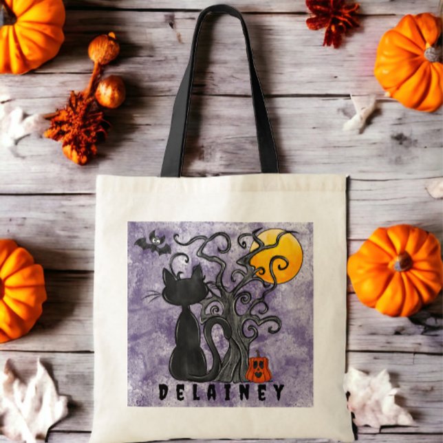 Halloween Trick or Treat Black Cat Bat Name Purple Tote Bag (Creator Uploaded)