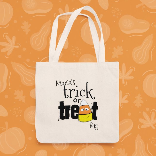 Halloween Trick or Treat Cute Candy Corn Script Tote Bag (Cute Halloween candy corn trick or treat tote bag with playful script design.)