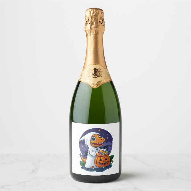 Halloween Trick-or-Treat Dino Sparkling Wine Label (Front)