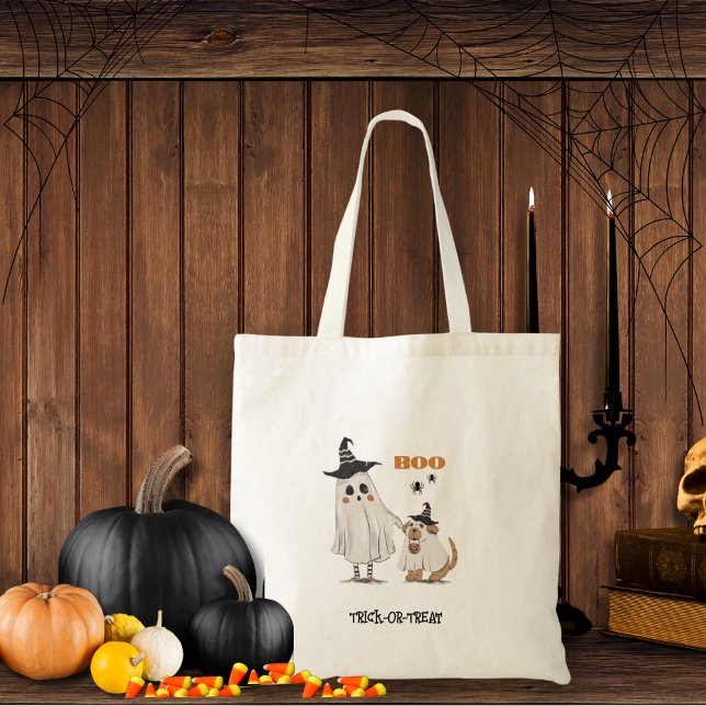 Halloween Trick or Treat Ghost Dog Personalised Tote Bag (Go trick or treating with this adorable ghost and ghost dog tote. Boo! Customize it!!)