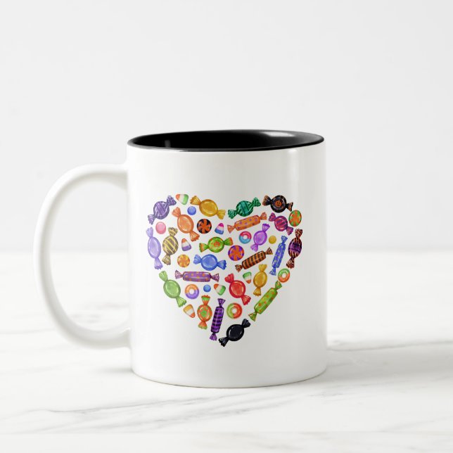 Halloween Trick or Treat Heart Candies Two-Tone Coffee Mug (Left)