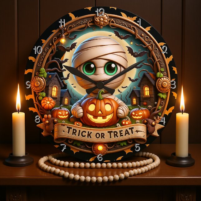 Halloween Trick or Treat Mummy Large Clock (Creator Uploaded)