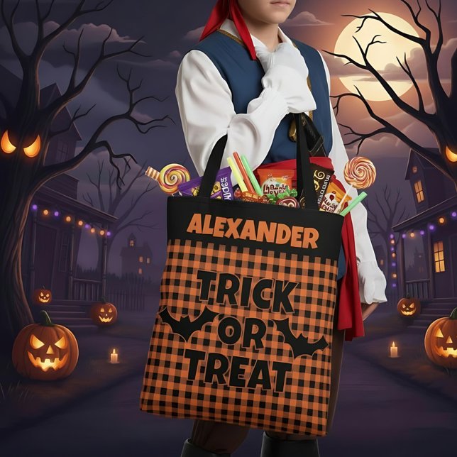 Halloween Trick or Treat Orange & Black Plaid Name Tote Bag (Creator Uploaded)